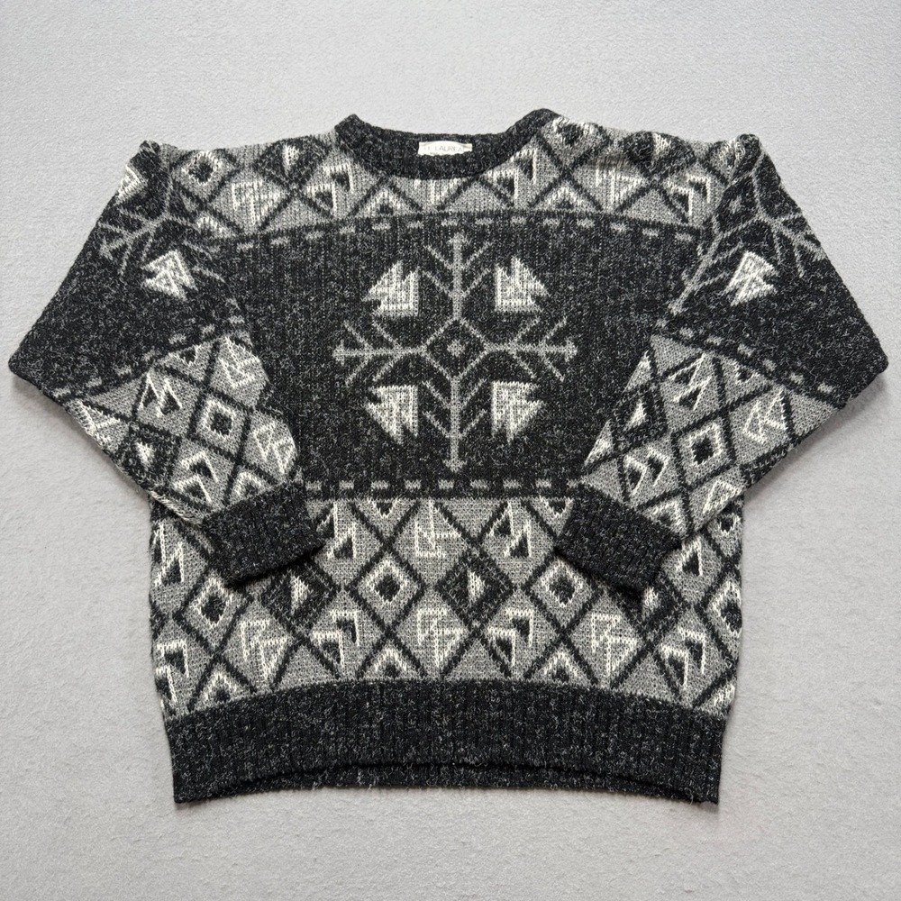Vintage Le Laureat Sweater Women's 6 Black Gray Geometric Snowflake Crewneck - Picture 1 of 7